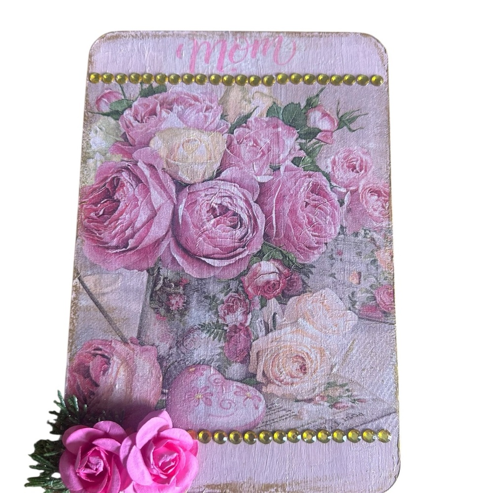 Hand crafted wooden Floral Mom sign with Pink Roses